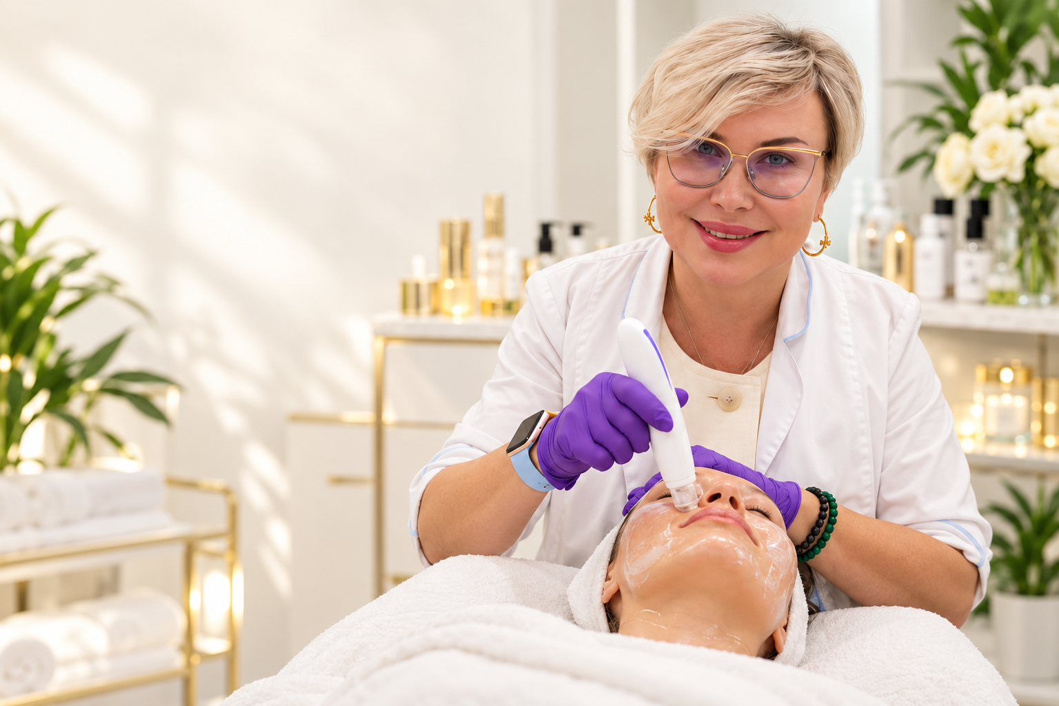 Olena Pavelko performing a facial treatment in her skincare studio